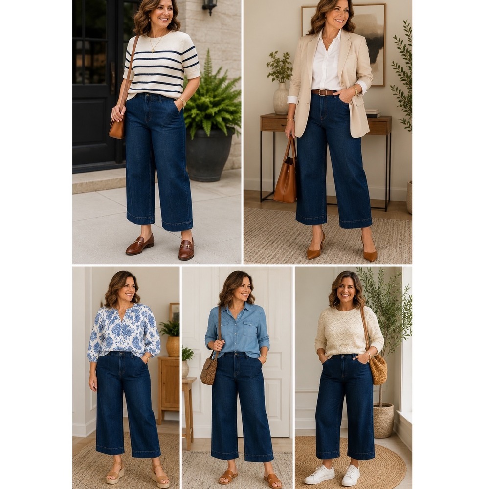 Talbots High Waist Wide Crop Jean Size 14W Blue Trouser Denim Minimalist Classic